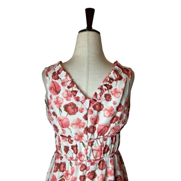 Samantha Sipos Ivory‎ And Red Strawberry Floral Print Ruffle Midi Dress Size S - Picture 5 of 13